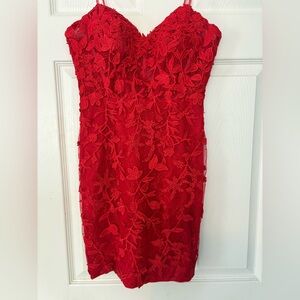 Red Embroidered-Lace Strapless Bodycon Dress Prom Party